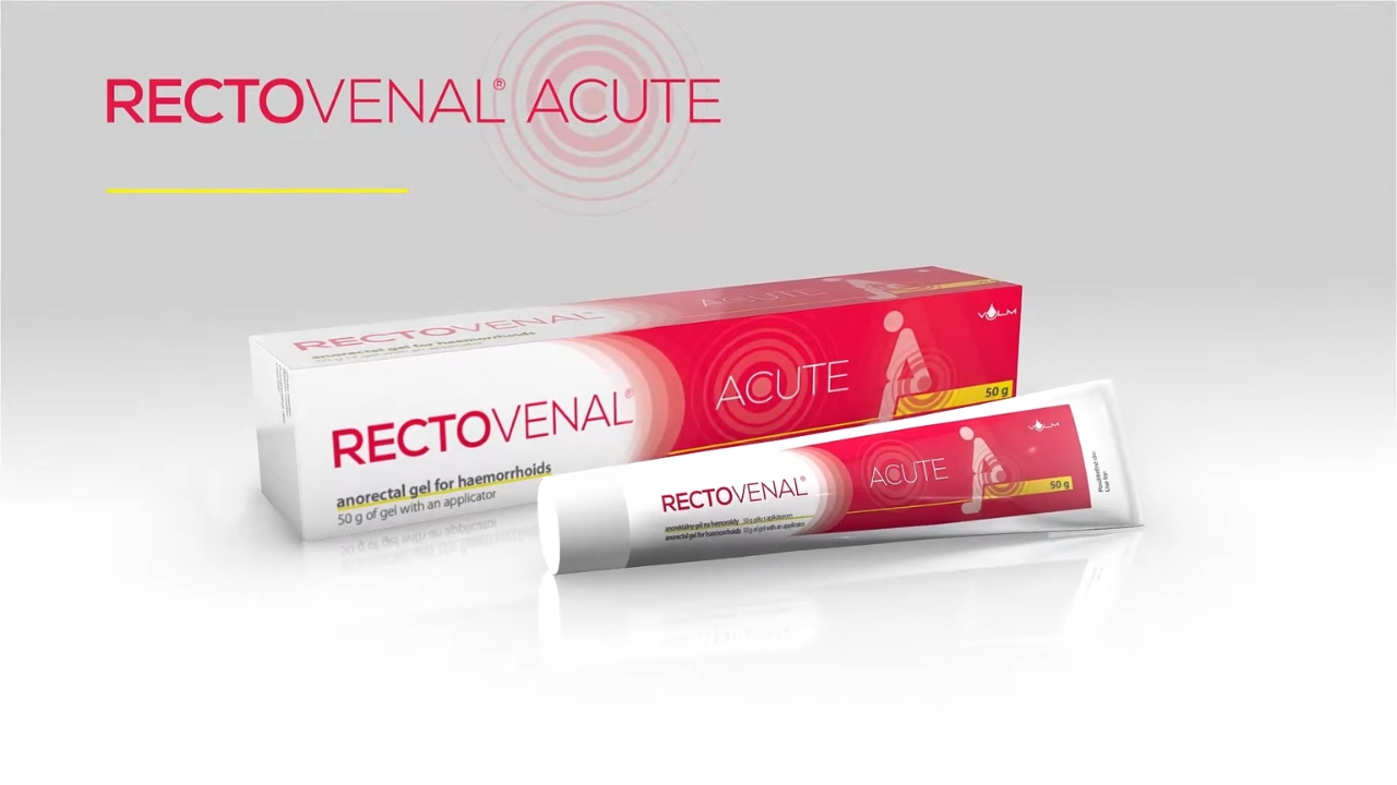 Rectovenal Acute gel za negu analne regije kod spoljašnjih hemoroida prikazan uz pakovanje i tubu proizvoda