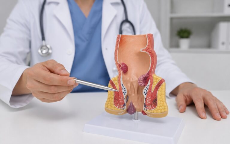 Lekar u belom mantilu pokazuje metalnim pokazivačem anatomski model analnog kanala i hemoroida na belom stolu u ordinaciji