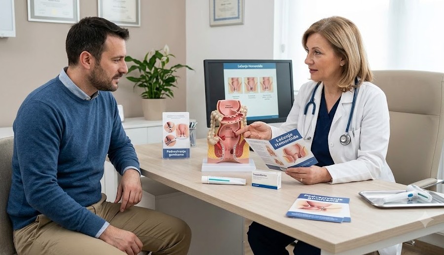 Doktorka u ordinaciji objašnjava pacijentu liječenje hemoroida, koristeći anatomski model i brošuru