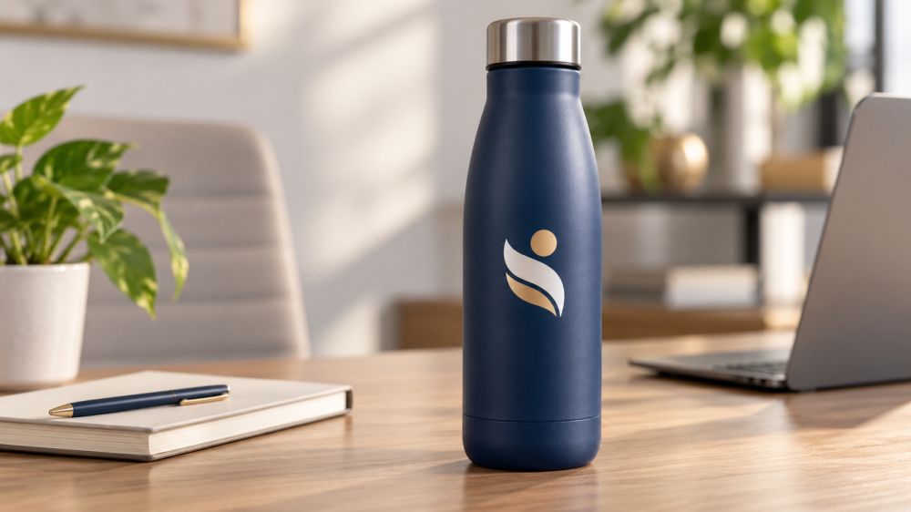 Plava termo-flašica sa diskretnim logotipom stoji na radnom stolu pored sveske, olovke i laptopa.